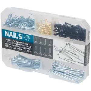 Assortiment de clous divers – 500 pièces avec boîte de rangement
