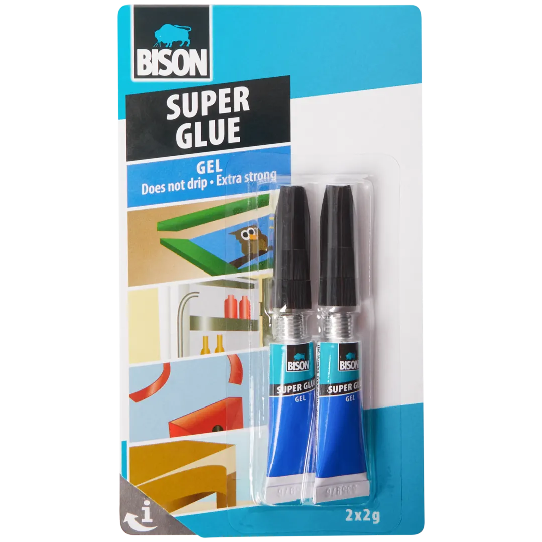 Colle forte en gel Bison – 2 tubes avec bouchon rotatif hermétique