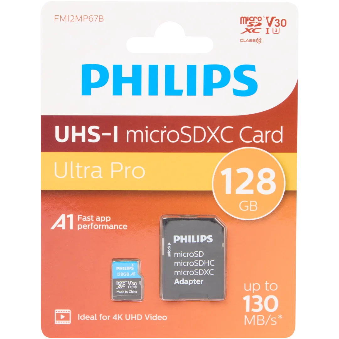 Cartes microSD Philips 128 Go (SDXC) – jusqu’à 130 Mb/s