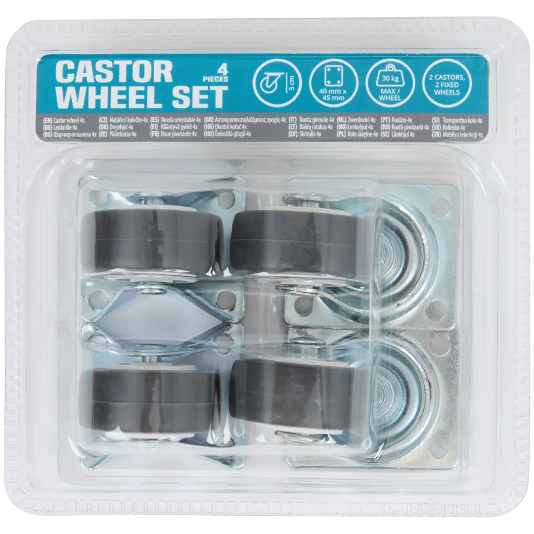 Lot de 4 roulettes : 2 pivotantes + 2 fixes en acier – 30 kg par roulette – Image 2
