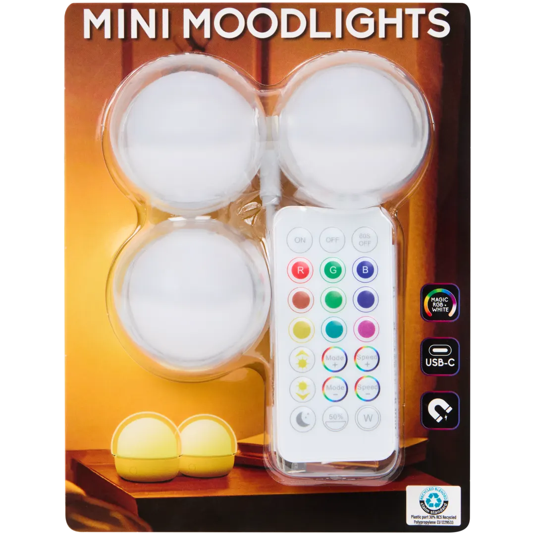 Mini-lumières d’ambiance LED (lot de 3) avec télécommande – USB-C, blanc chaud + couleurs