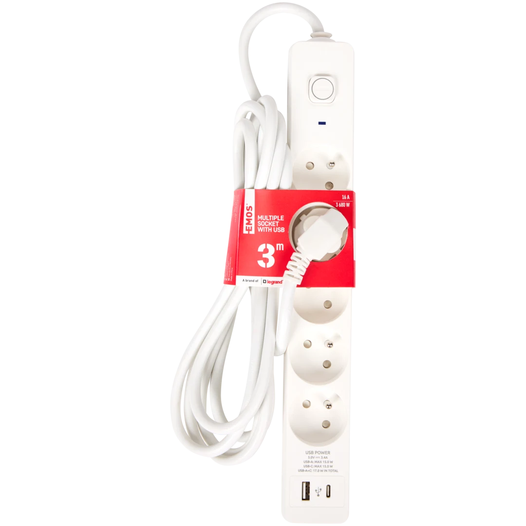 Multiprise Emos Legrand avec interrupteur et ports USB – câble 3 m – Image 3