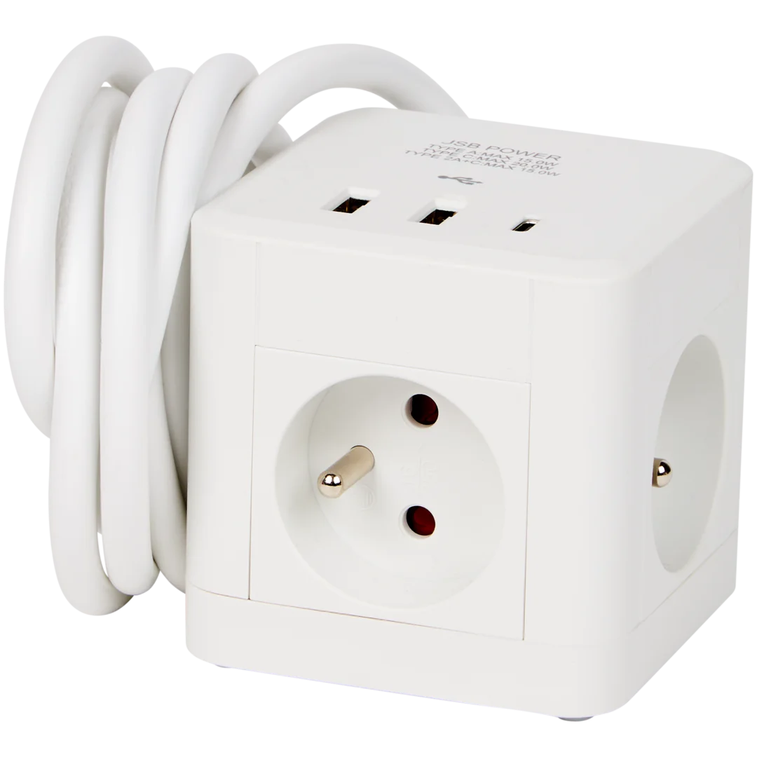 Multiprise Pro-max cubique 2 prises (Noir ou Blanc) – compacte et pratique avec ports USB