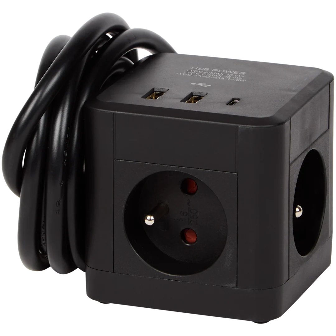 Multiprise Pro-max cubique 2 prises (Noir ou Blanc) – compacte et pratique avec ports USB – Image 2