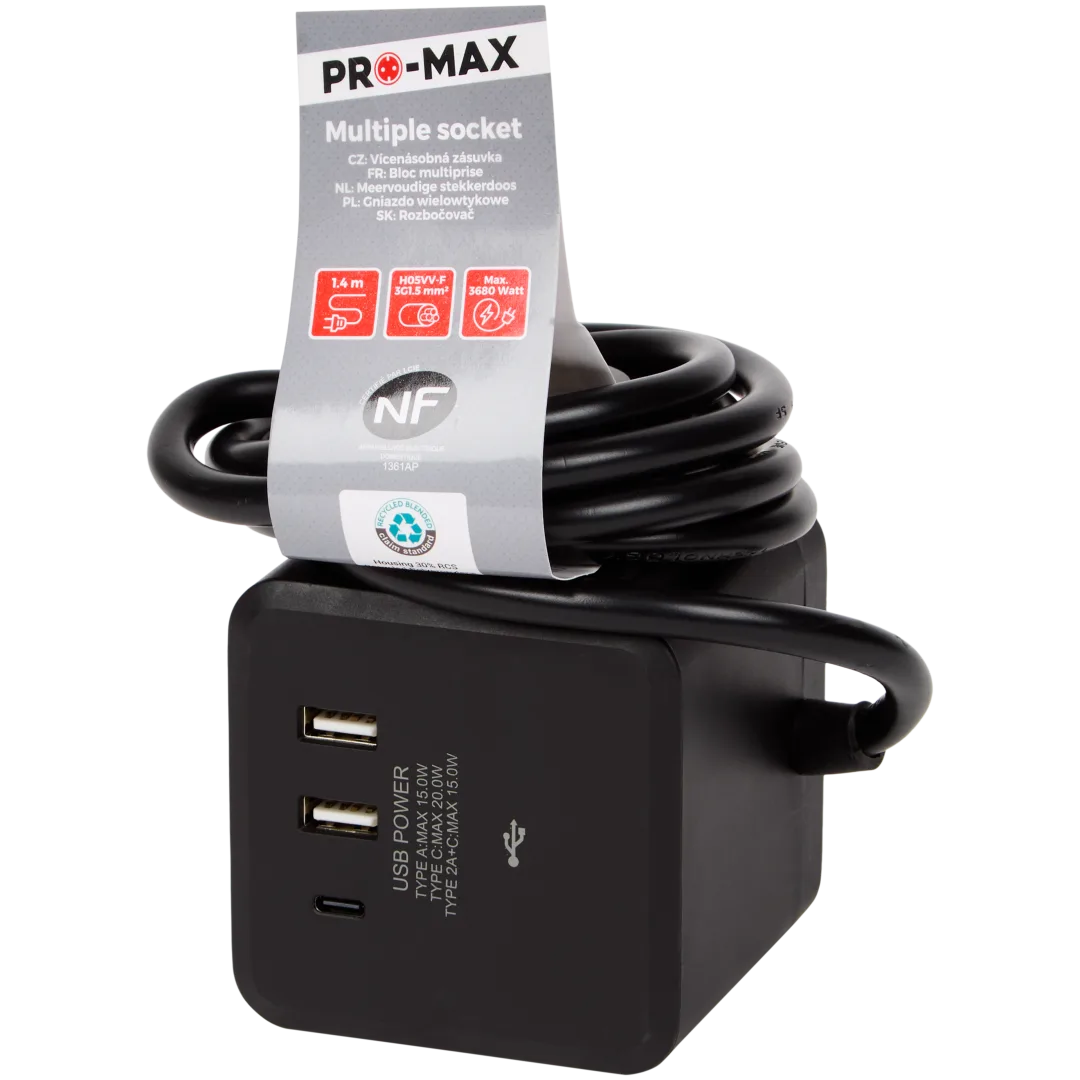 Multiprise Pro-max cubique 2 prises (Noir ou Blanc) – compacte et pratique avec ports USB – Image 3