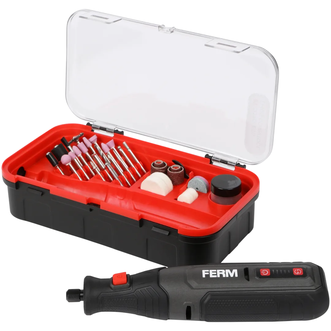 Outil multifonctions sans-fil FERM 8 V avec mallette, chargeur et 24 accessoires