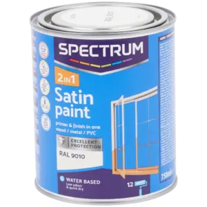 Peinture satinée 2-en-1 Spectrum RAL 9010 Blanc – intérieur/extérieur (750 ml)