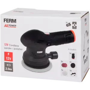 Ponceuse-polisseuse sans fil FERM AX-power 12 V à vitesse réglable (semelle 123 mm)