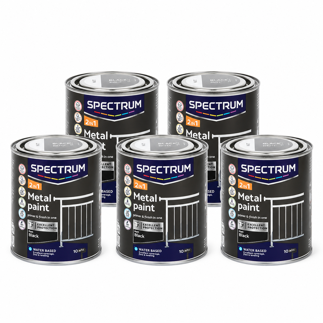 Lot de 5 pots de peinture métal 2-en-1 Spectrum noir mat 750 ml