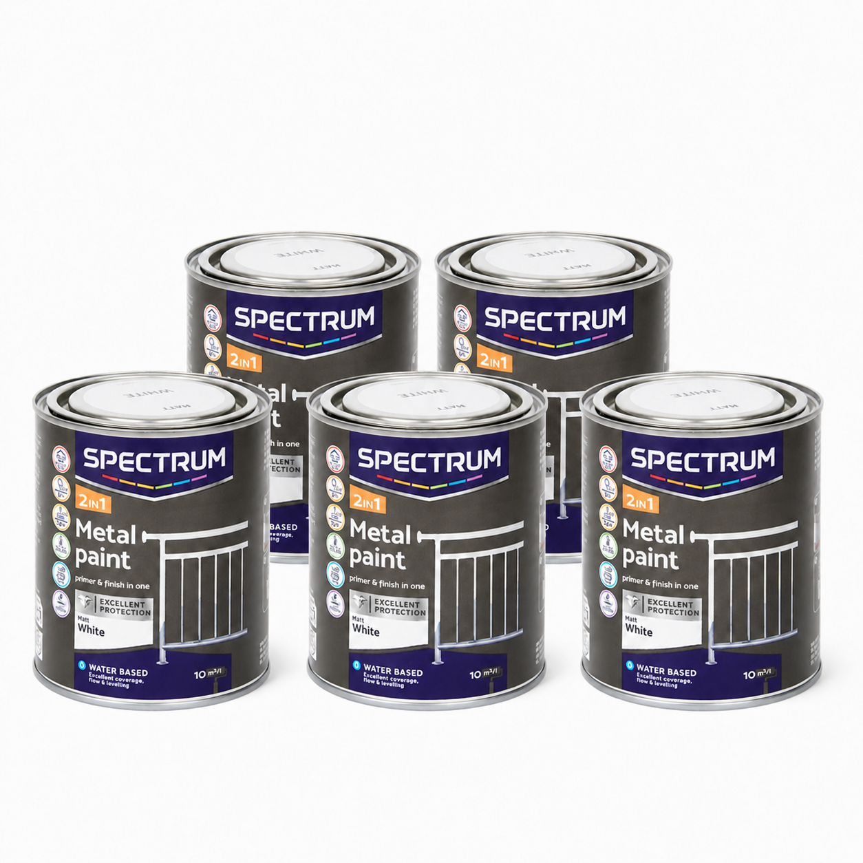 Lot de 5 pots de peinture métal 2-en-1 Spectrum blanc mat 750 ml